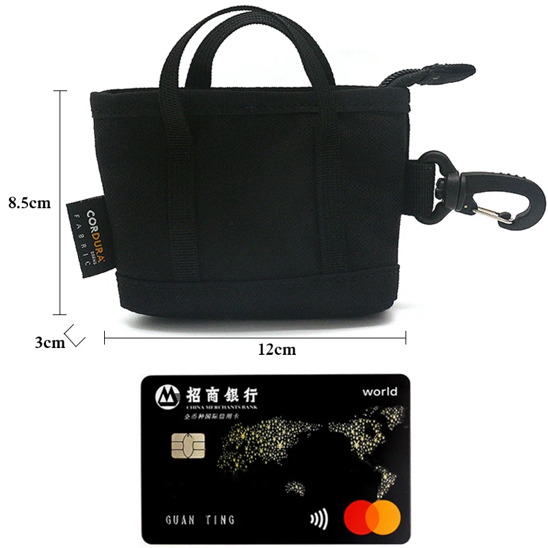 Mini Tote Zippered Wallet Card Holder with Hook Nylon Black Large Capacity Coin Purse Waterproof Wear Resistant Coin Wallet