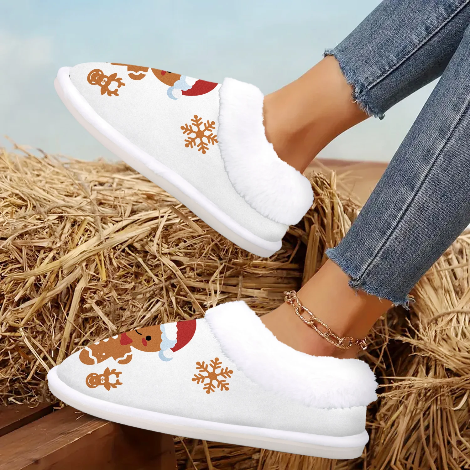 Christmas Gingerbread Man Slippers, Casual Style, Soft, Comfy Fuzzy Flannel House Shoes, Rubber Non-Slip Sole, Machine Washable - Image 2