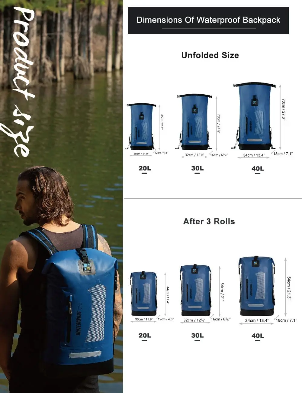 Waterproof Backpack 20L/30L/40L, Floating Dry Bag for Kayaking, Hiking, and Outdoor Adventures