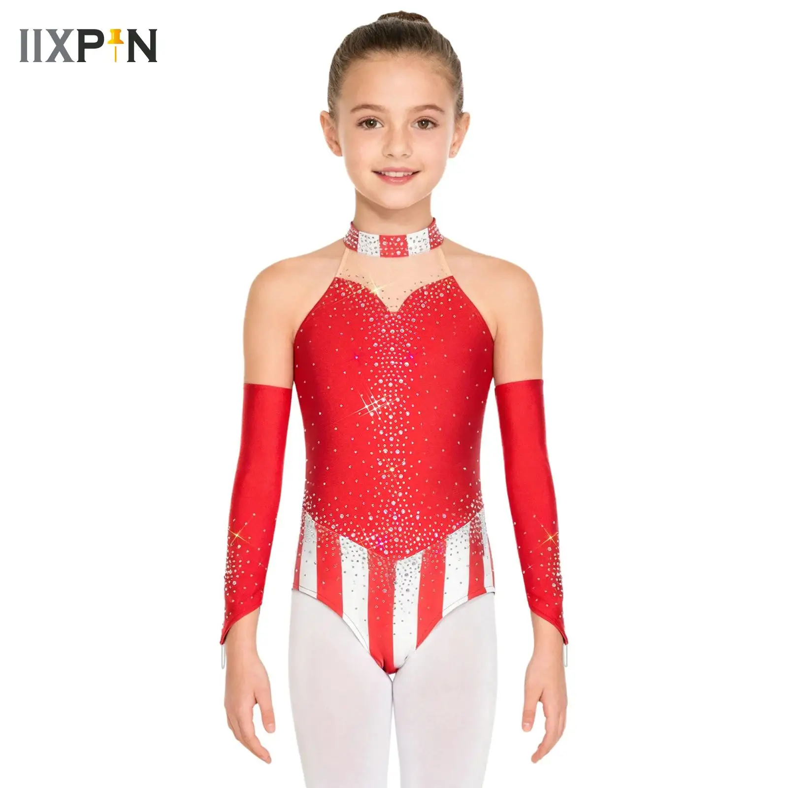 

Kids Girls Ballet Dance Leotard with Oversleeves Figure Skating Gymnastics Jersey Unitard Sleeveless Sequins Christmas Bodysuit