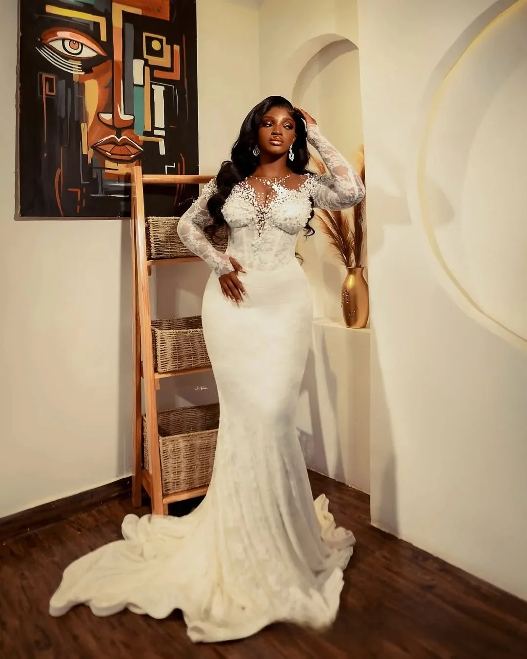 

Customized Plus Size Wedding Dresses Bridal Gowns Mermaid Illusion Sheer Neck Long Sleeves Beaded Lace Tiered Tulle Pearls