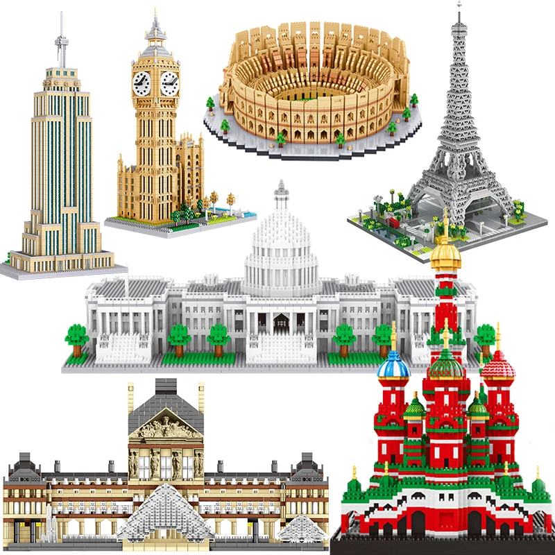 City Architecture Liberty Statue Big Ben Eiffel Tower Micro Building Block Pair Moscow London Cathedral Diamond Construction Toy