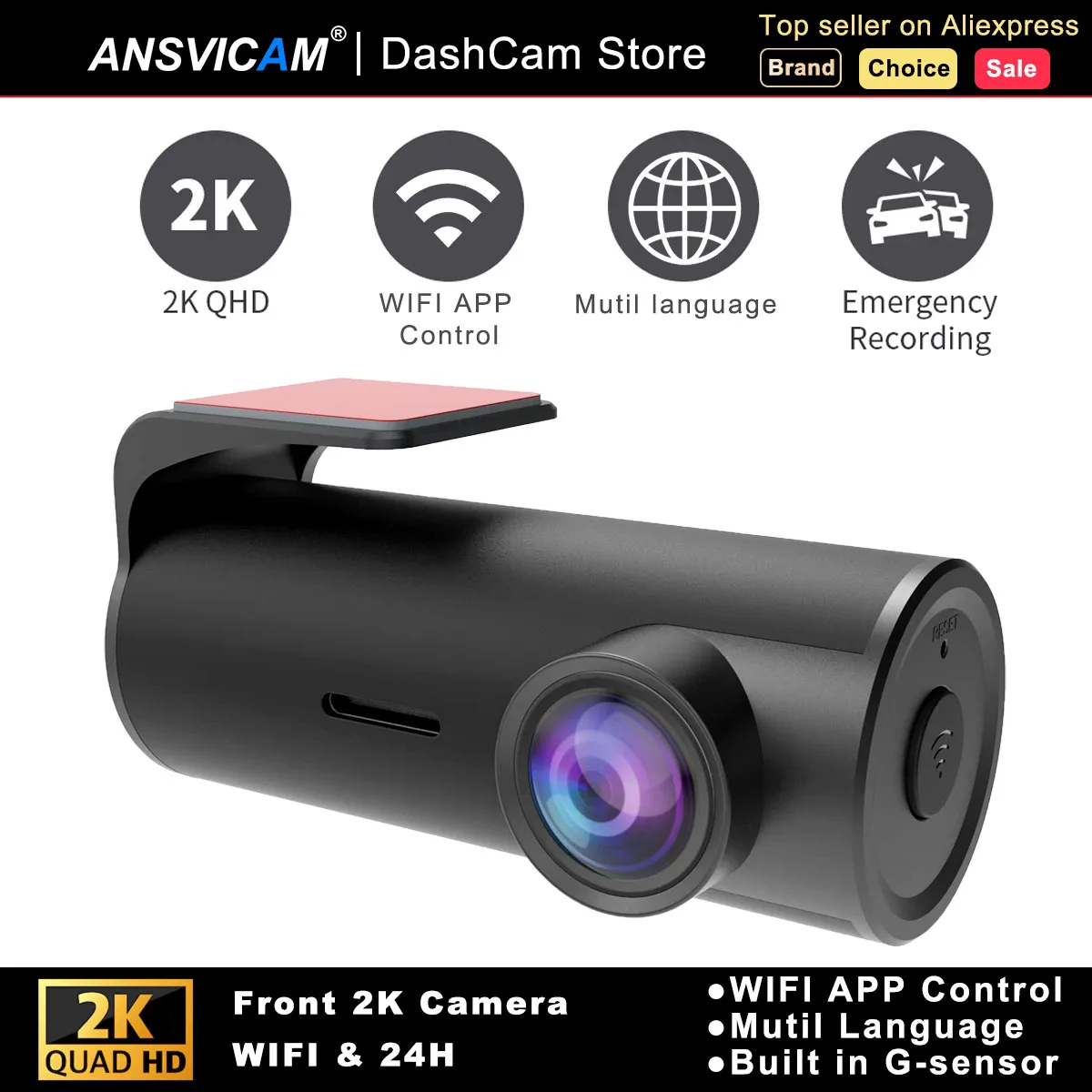 ANSVICAM 2K Dash Cam For Cars DVR Recorder Front Dash Camera KAWA D5 Emergency Video Recording EN,RU,FR,JP WiFi APP Monitor