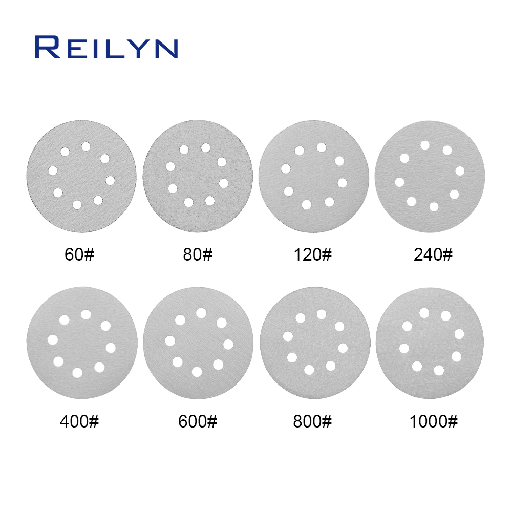 Tampon de polissage en papier de verre floqué, meule, disques de papier de verre pour meuleuse, ponceuse, machine, 5 pouces, 8 trous, 100 pièces