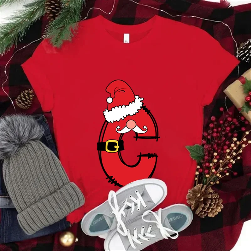 Christmas 26 Alphabet Santa Claus Print T Shirt Women Fashion Merry Christmas Gift T-shirt Casual Harajuku Short Sleeve Tops Tee