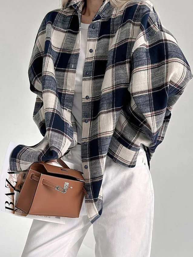 

Retro American Autumn Plaid Loose Long Sve Women's irt Color Blo Casual Sle Pure Cotton oulder Width irt