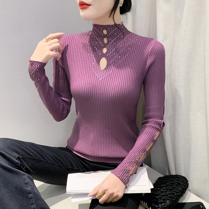 Suéter de punto de manga larga para mujer, suéter ahuecado de retales, diamantes, estilo coreano, negro, Chic, Sexy, nuevo, 4930