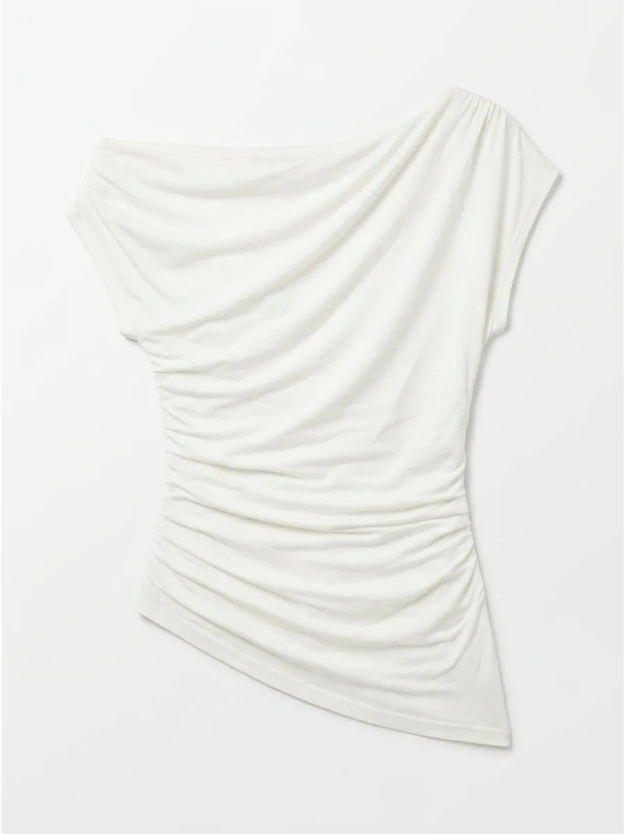 Bonboho Women Asymmetric Off Shoulder Draped Ruched Waist Short Sleeve T-shirt Slim Fit Irregular Elegant Casual Blouse Top