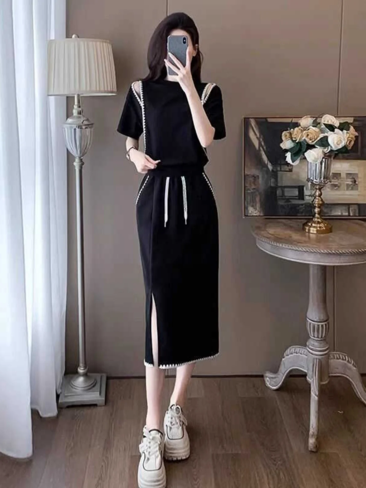 

Black Fashion Set Dress Women Summer Shoulder Exposure Anti-Aging Casual Sports Short Sleeve Half Skirt Two-Piece Set