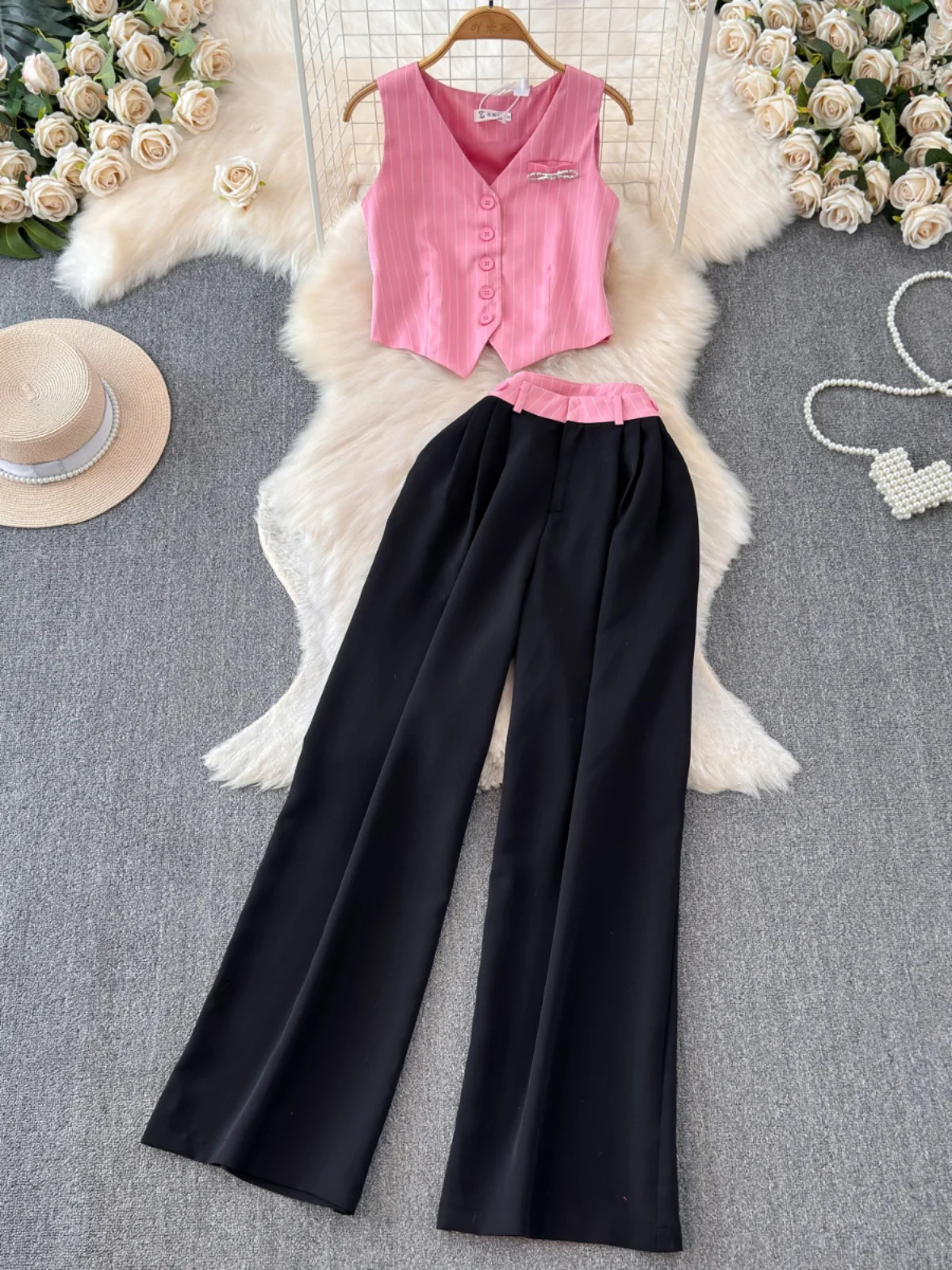Ele Women's Suit Set V-Ne Svel Tank Top High Waist Draped Wide Leg Long Pants Two-Piece Summer Faion Ensemble