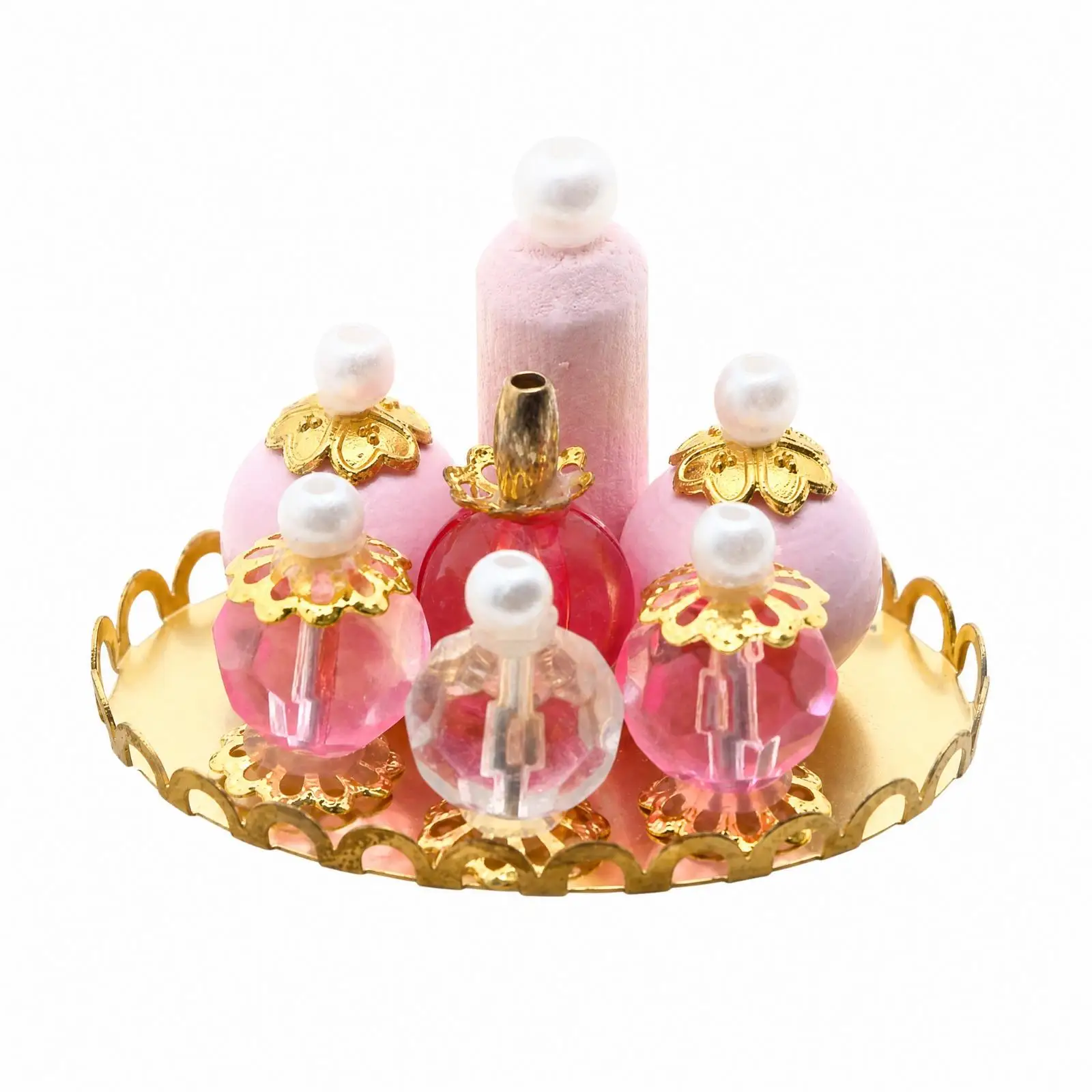 Small Perfume Bottle Ornament Dollhouse Accessory Pink Clear Mini Display Tray for Miniature Room Box Decor