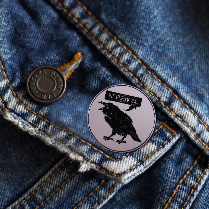 Poet Edgar Allan Poe Nevermore Crow Raven Brooch Enamel Pin Badge Gothic Halloween Literary Jewelry Accessories