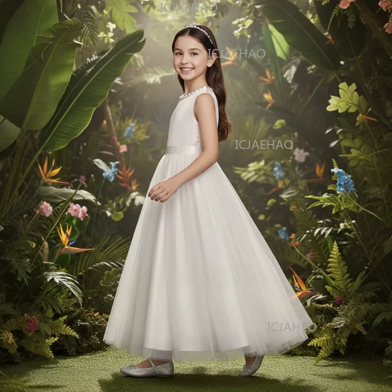 2026 Host Instrument Performance Gown White Children Girls Dress Stage Piano Sleeveless Kids Birthday Princess Pageant Costume