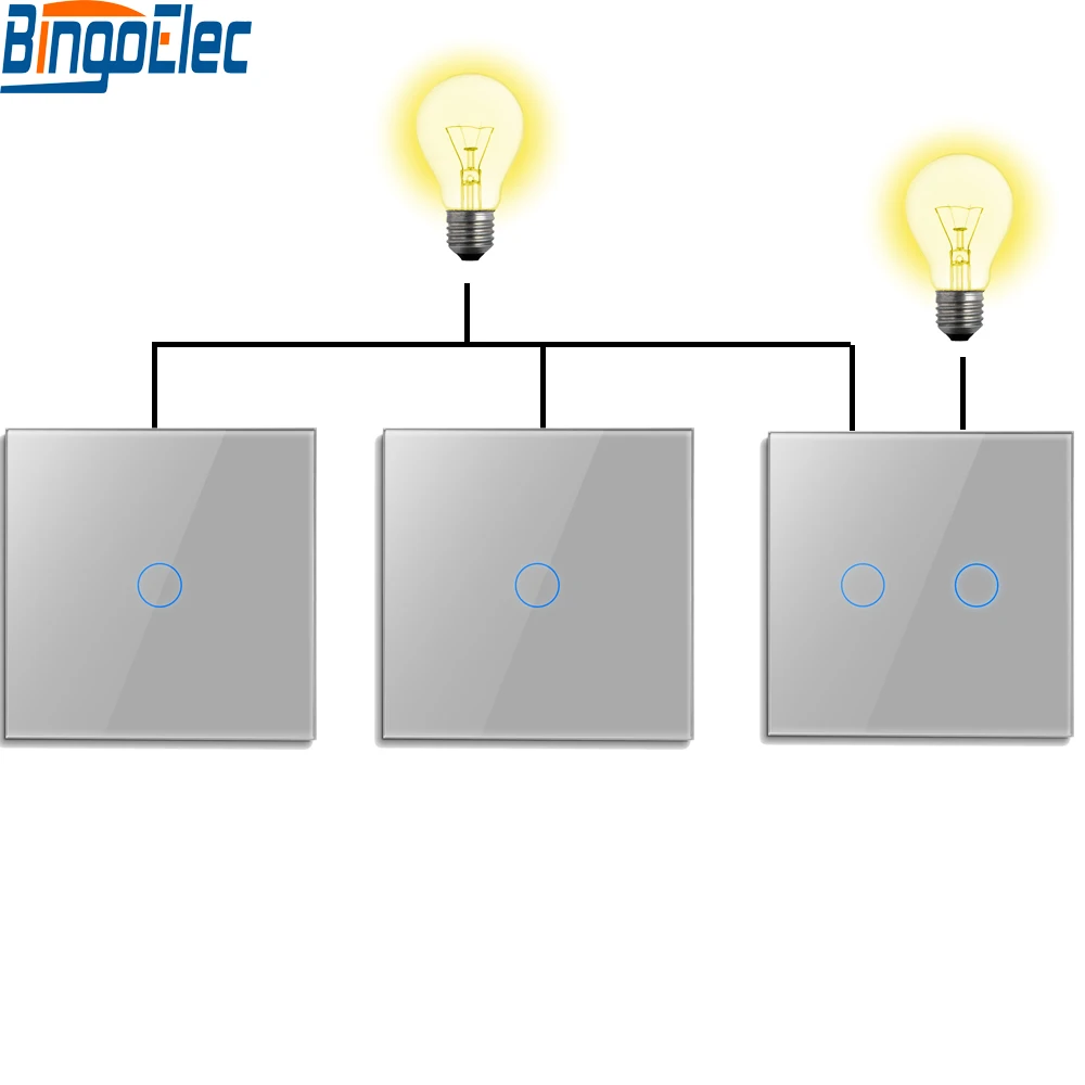 bingoelec 3gang wall touch switches 2way led lampada interruptor para staircase painel de vidro temperado ue padrao azul backlight pacote 01