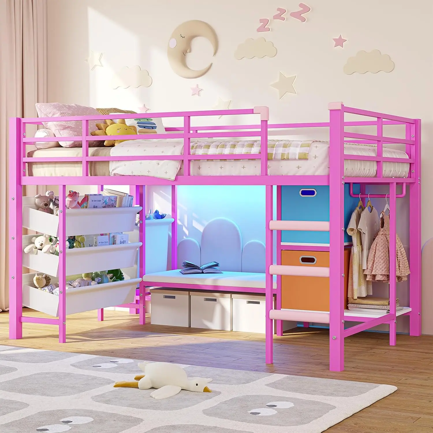 Low Loft Bed Twin Size with Storage Bins and Reading Corner, Pink | Reading Bench & LED Lights, 3 Sling Drawers & 2, Customized
