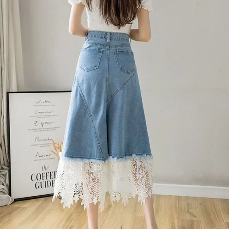 Harajuku Lace Patchwork Denim Skirt Woman Korean High Waist Blue Midi Skirts Women Summer Fashion Plus Sized 3Xl A-Line Skirt