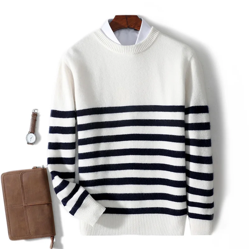 100% Merino Wool New Men's O-neck Striped Pullover Sweater Cashmere Knitwear Casual Jumper Spring Autumn Clothes Korean Top