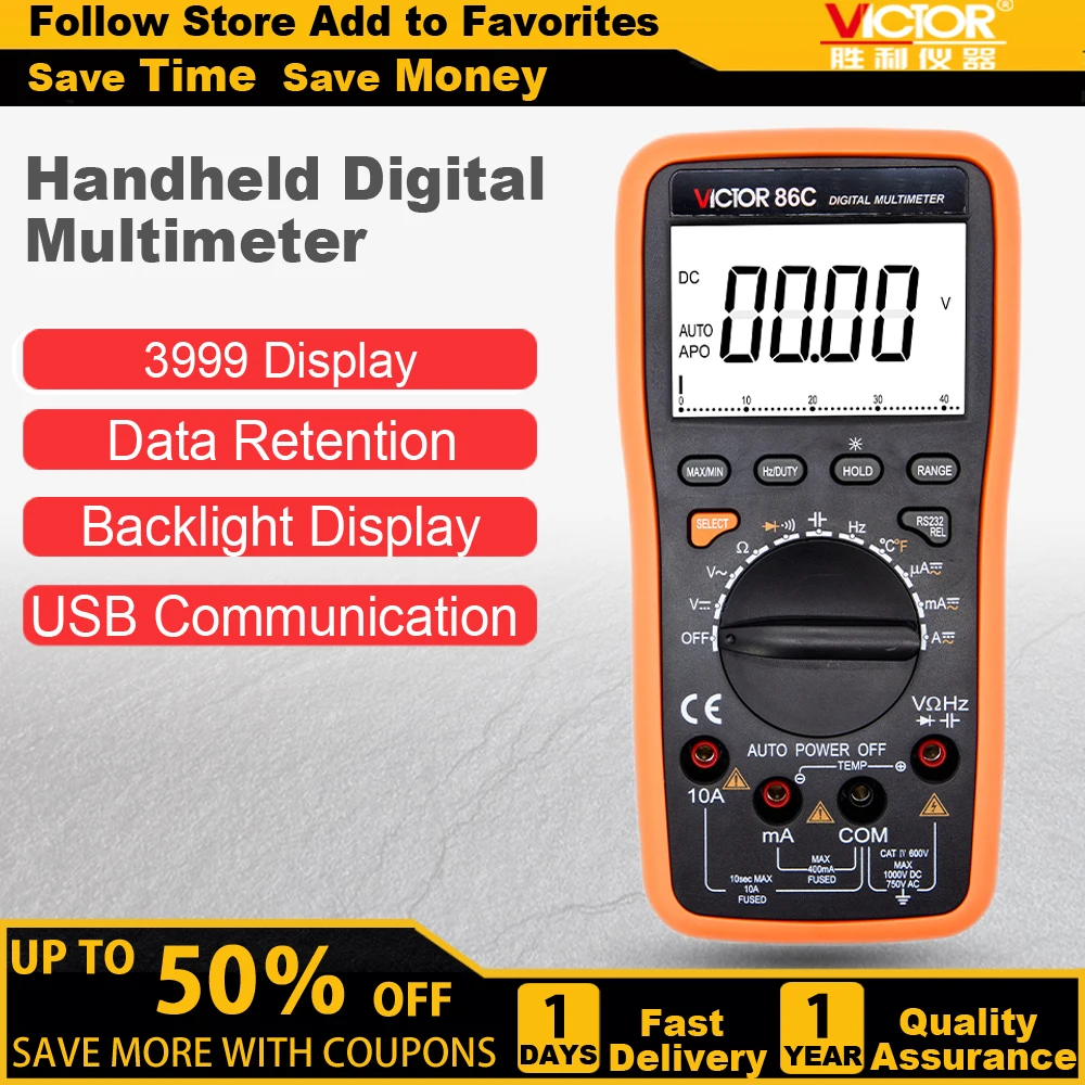 

VICTOR 86C Handheld Portable 3999 Counts LCD Display Digital Multimeter Auto Range with USB Interface Diode MAX Min Multi Meter