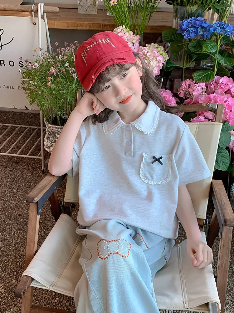 Korean Style Girls T-Shirt Summer Short Sleeve with Fringe Solid Color Casual Tee for Little Pre Teen Girls Trendy Cute Blouse​
