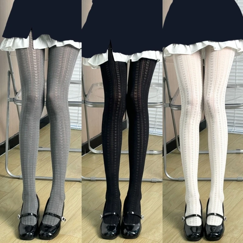 Bowknot Jacquard Pattern Thin Tights for Women Breathable Leggings Spring Fall Student Solid Color Pantyhose Stockings