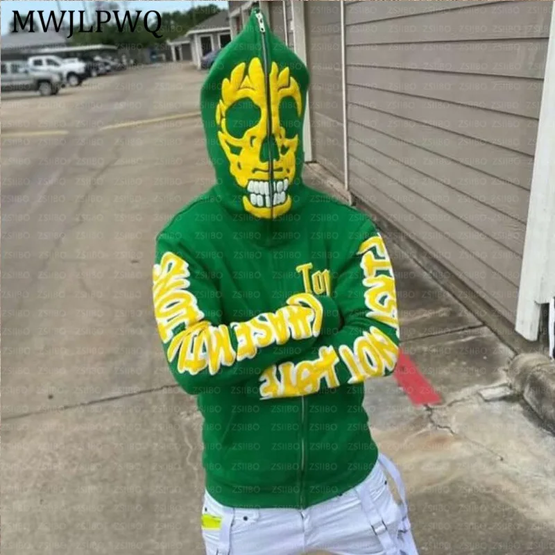 

MWJLPWQ Letter Printed Niche Design Hooded Sweatshirt Hip Hop Gothic Style Streetwear Full Zip-up Loose Casual Top Autumn 011014