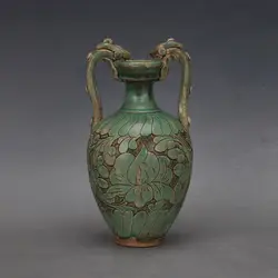China Song Dynasty Cizhou Kiln Green Glaze Twin Dragon Vase Antique Porcelain Decorative Ornaments