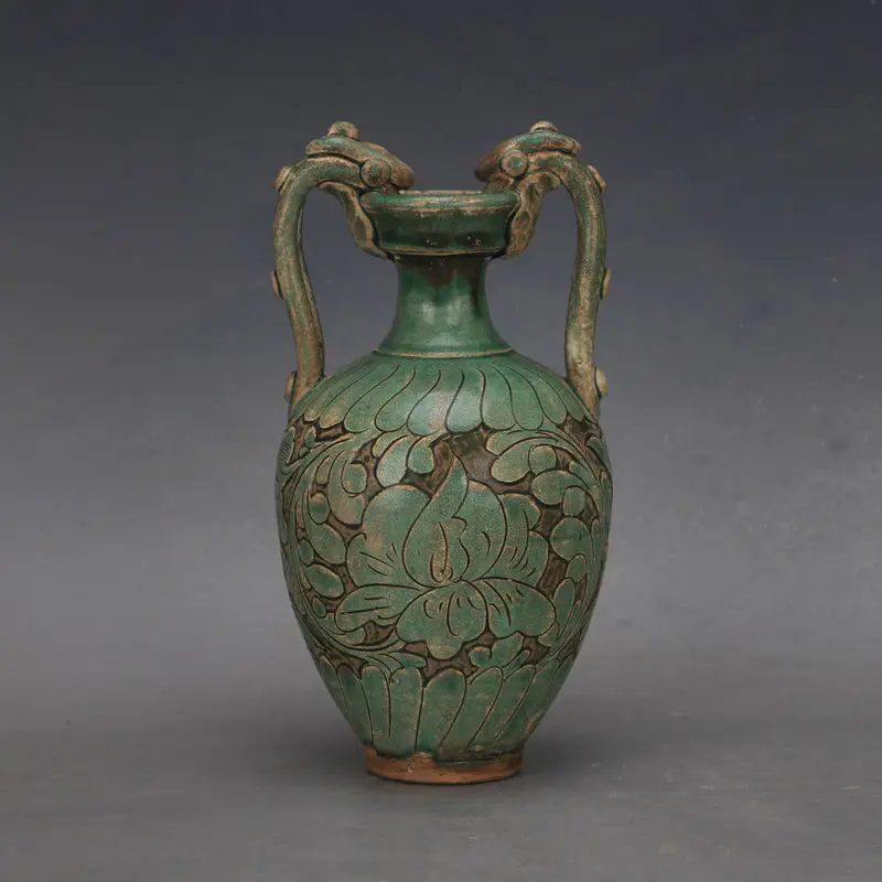 China Song Dynasty Cizhou Kiln Green Glaze Twin Dragon Vase Antique Porcelain Decorative Ornaments