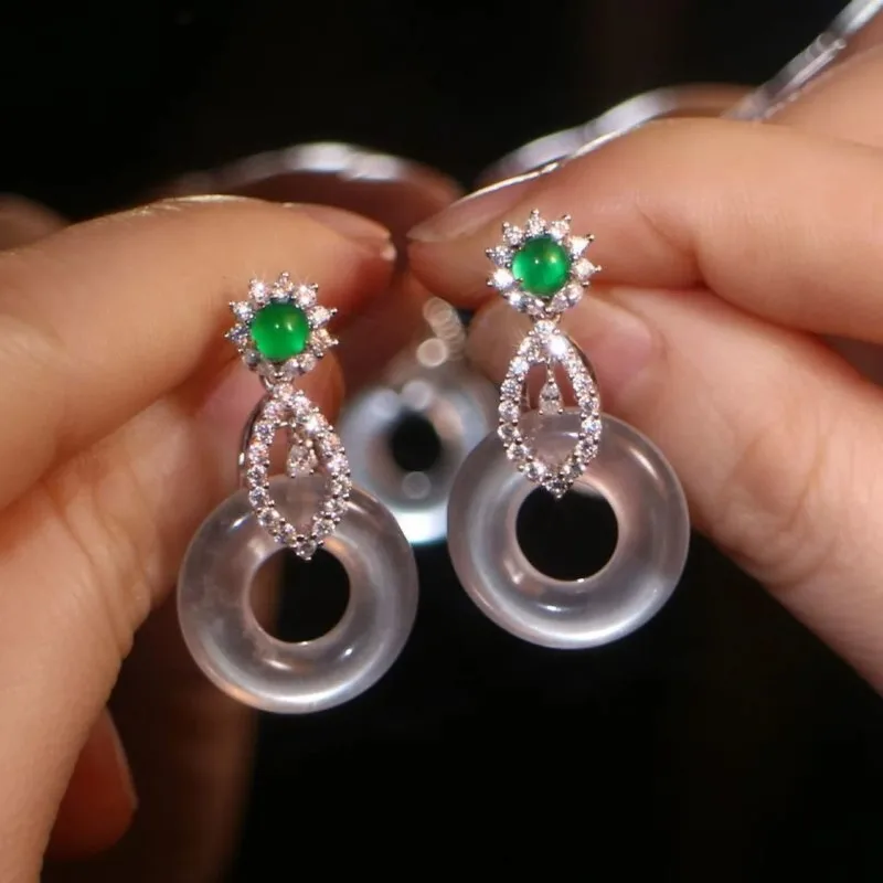 Fashion Ethnic Chinese Style S925 Inlaid Natural Jade Ice Type Ping Buckle Chalcedony Earrings for Women Party Girlfriend Gift
