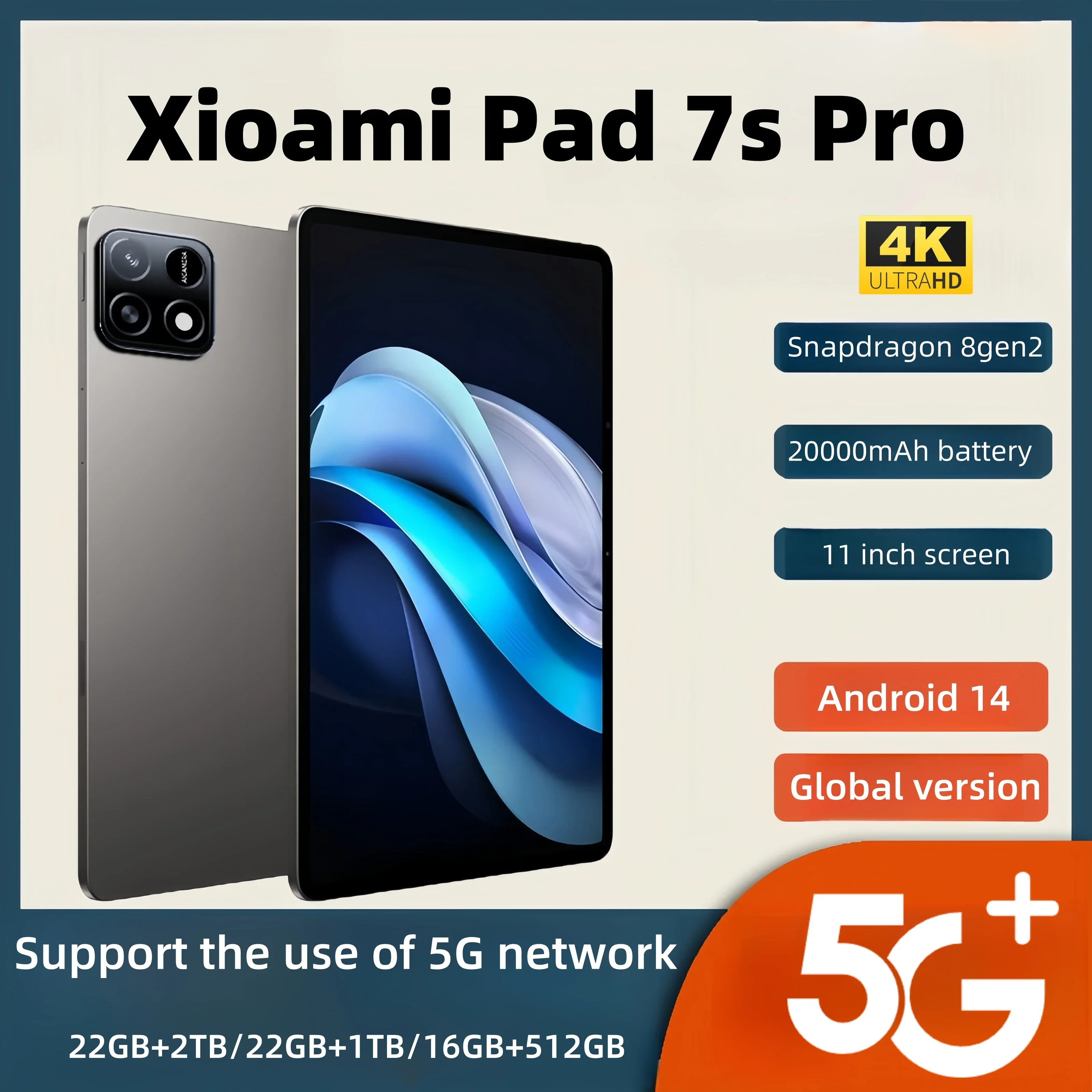 New 2025 7S Pro Tablet 4K Screen Android 14 System Dual-Mode 5G and Wi-Fi 20000mAh 22GB RAM 2TB Storage with Snapdragon 8gen2