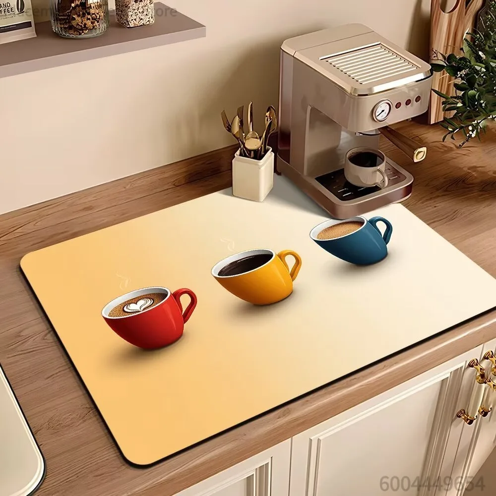 Vintage Coffee Cup Bean Print Super Absorbent Drying Mat Waterproof Kitchen Counter Coffee Maker Drain Pad Decor Placemat