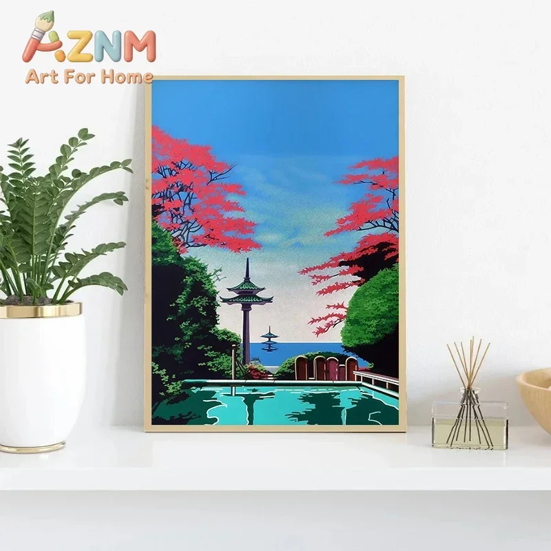 Hiroshi Nagai Japan Pool Palm Sunset Purple Posters Prints Vaporwave Wall Art Canvas Painting Nordic Pictures Living Room Decor