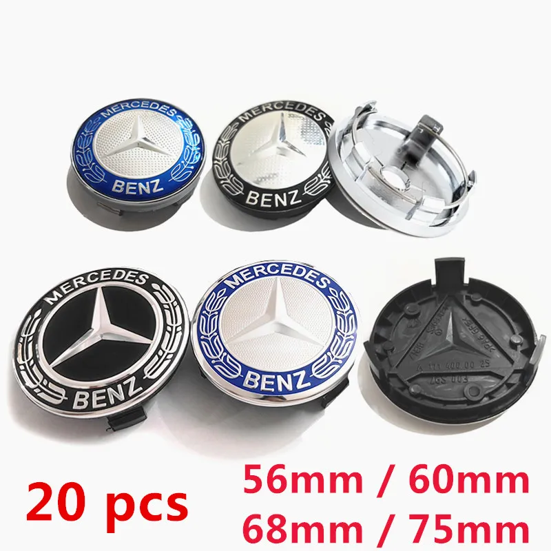 20 pcs 56mm 60mm 68mm 75mm Mercedes Benz Wheel Center Hub Cap Emblem Car Rims Cover Badge Logo Auto Styling New Black Blue Wheat