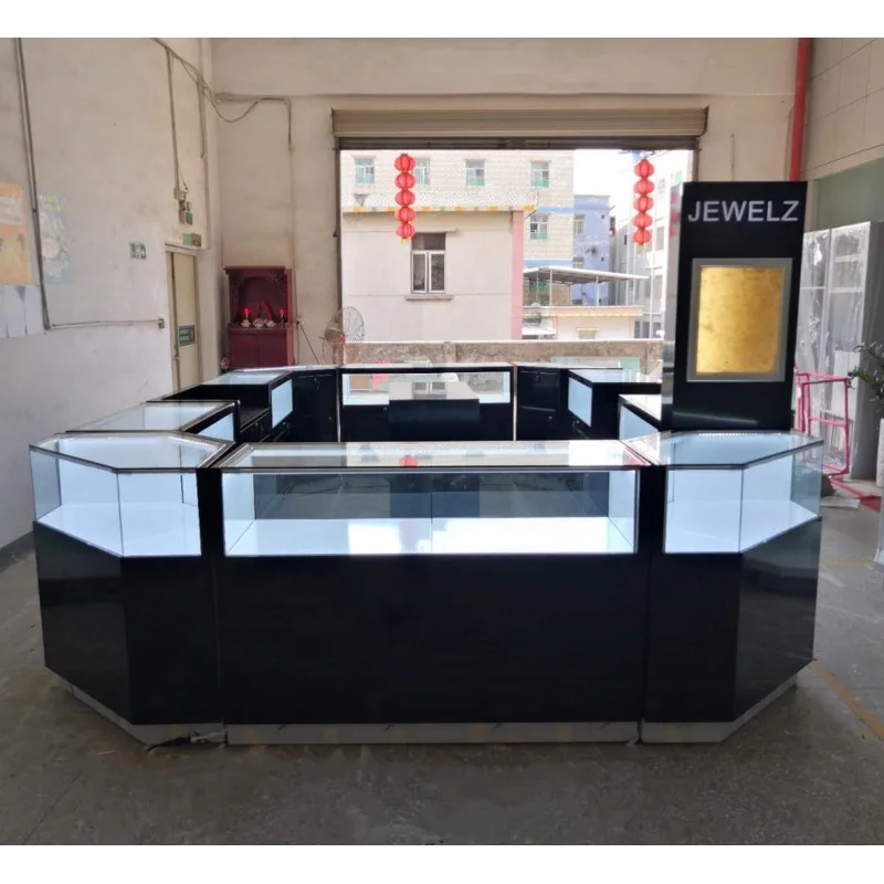 Custom, Modieuze Houten Sieradenkast Toonbank Moderne Sieraden Kiosk Stand Voor Winkelcentrum Retail Sieraden Showcase Met Licht