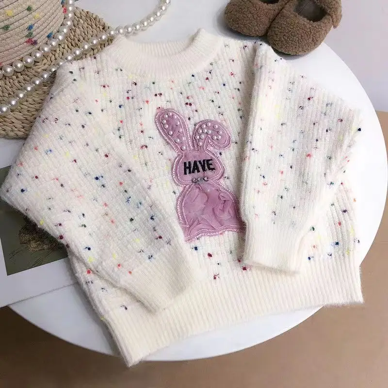 2024 Girl s Latest Pink Rabbit Children\'s Fashionable And Cute Sweater Cartoon Bead Rabbit Girl Sweater Girl Knitwear