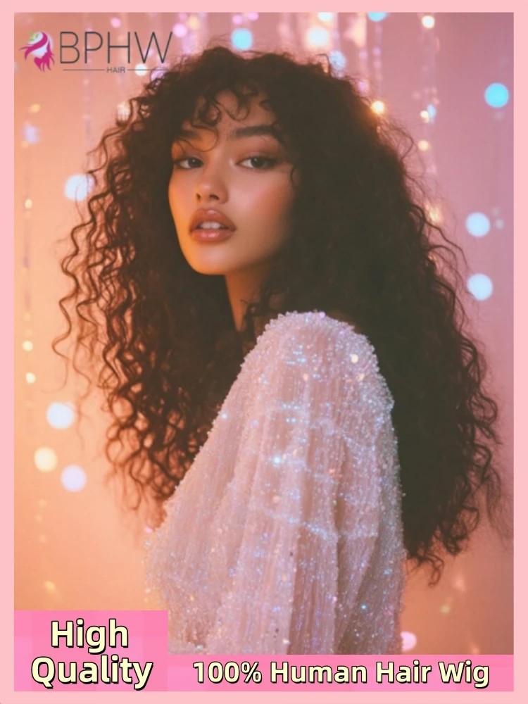 

Water Wave Wig With Bangs Curly Human Hair Wigs For Women Brazilian Natural Cheap Full Machine Made Wigs 30 Inch Long Wigs BPHW