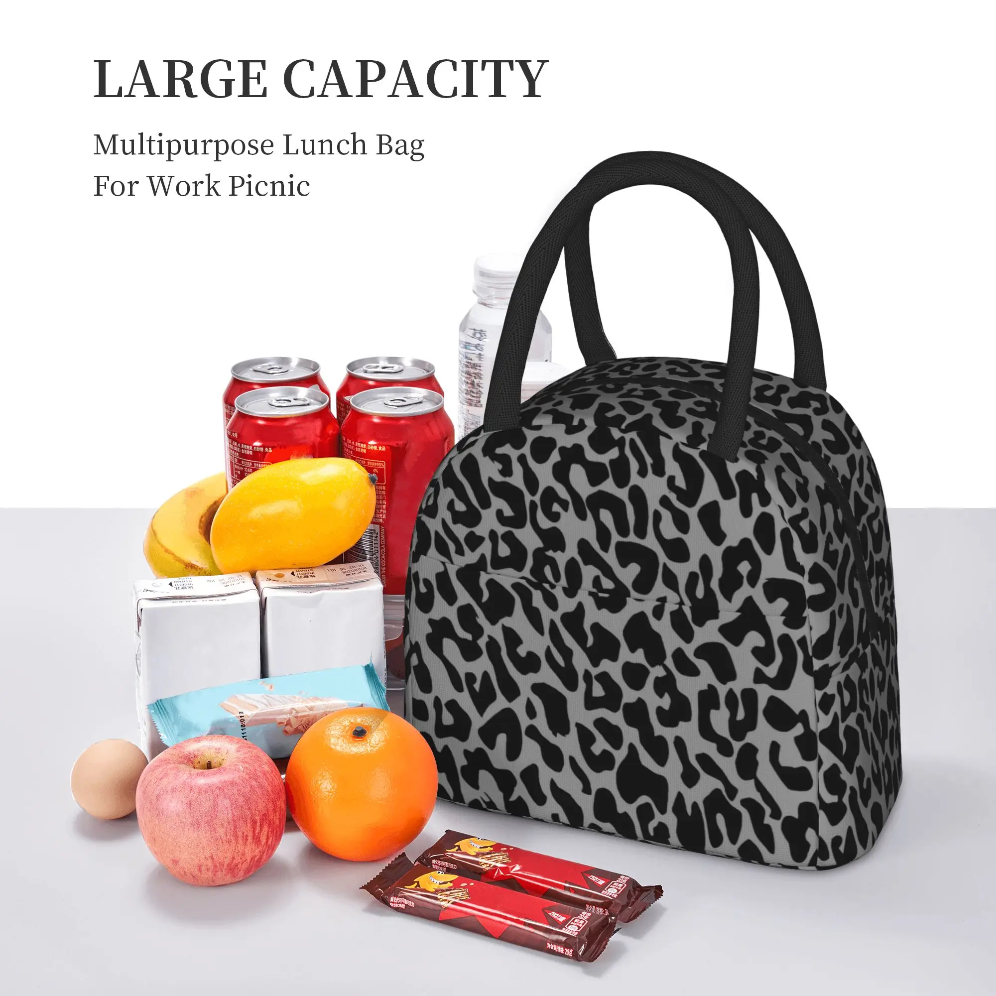 Black Leopard  Insulated Lunch Bag Cooler Bag Reusable Cheetah Animal Large Tote Lunch Box for Men Women College  Travel