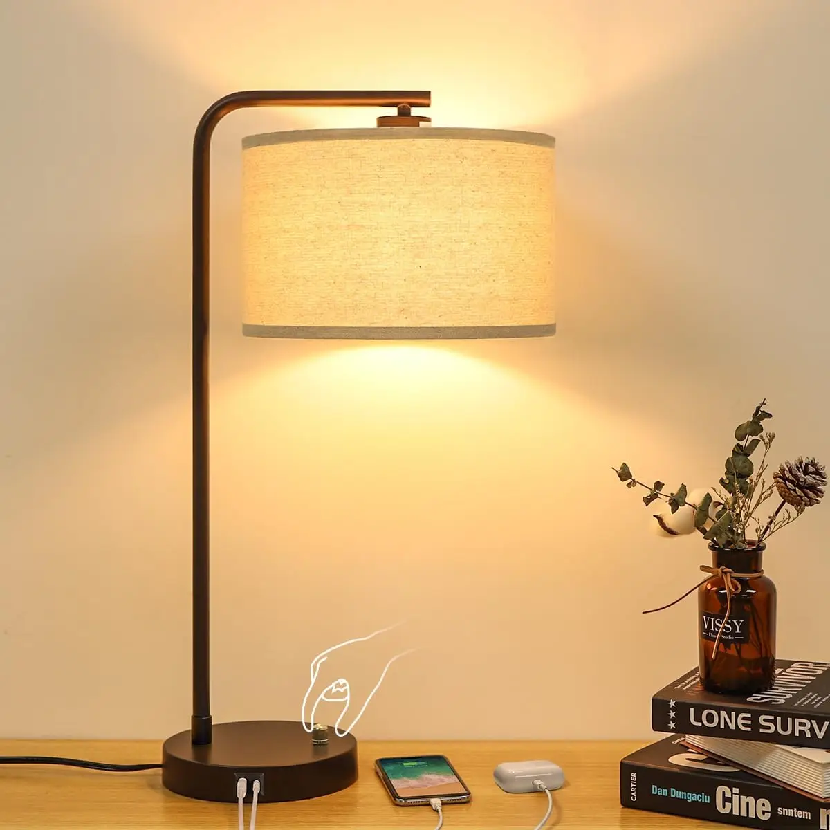 

Modern USB Table Lamp with Dimmable LED Light, Dual Charging Ports for Bedroom Office Desk
