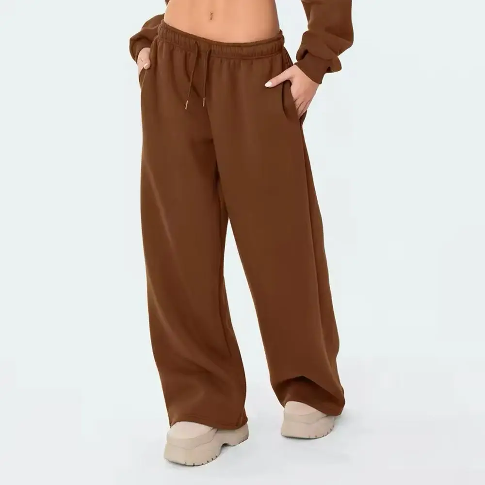 Women Solid Drawstring Mid Waist Wide Leg Sweatpants, Draped Loose Straight Long Pants With Side Pockets