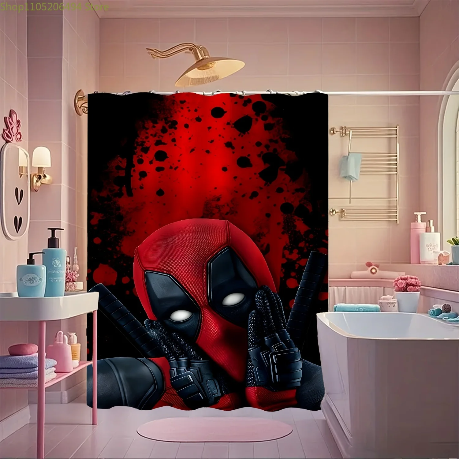 

Занавеска для душа Marvel Deadpool с крючками - яркий полиэстеровый дизайн, подходит для круглогодичного декора ванной комнаты, можно стирать в машине.