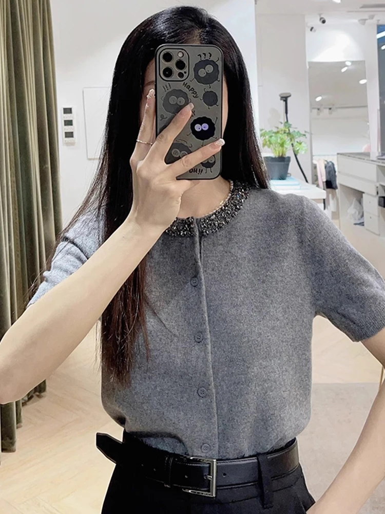 

Slimming Ice Silk Knitted Open Cardigan ort Sve Casual Loose Top Pearl Design Versatile Biker Sle Korean Version Regul...