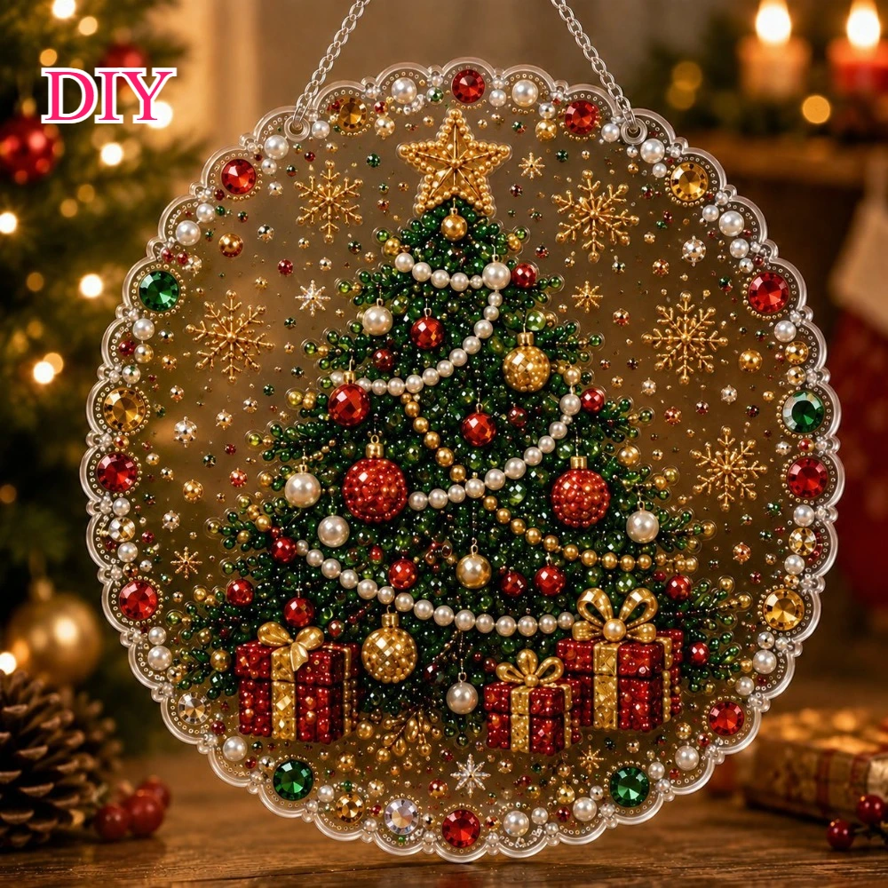 Kerst diamant schilderij hangende decoratie, DIY ronde diamant kunst krans bord voor kerst deur raam huis wanddecoratie