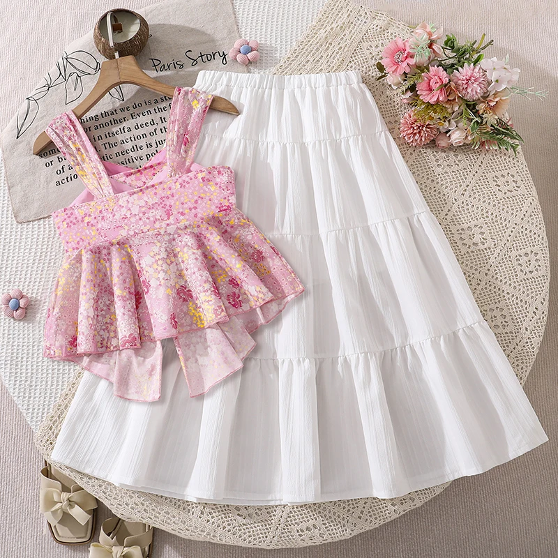 Sweet girls fashion outfit, pink flower tank top & high waist white flowy skirt, elegant & cute for school daily life