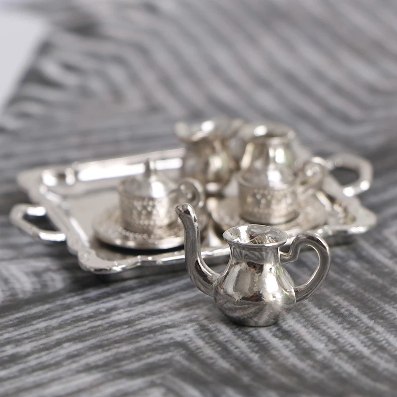 10pcs 1/12 Dollhouse Miniature Silver Metal Tea Coffee Tray Tableware Set Mini Simulation Furniture Kitchen Accessories