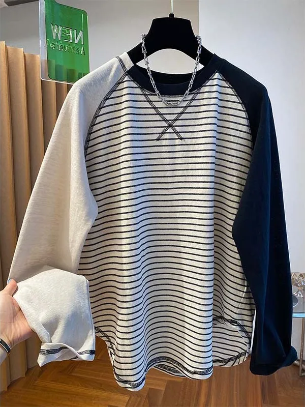 

Женская футболка с длинным светом в полоску в стиле ретро, свободный базовый слой, модный весенне-осенний круглый топ с высокой талией...