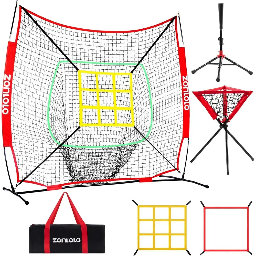 

6x6t Portable Baseball & Sotball Net or Hitting，Pitching and Throwing, with Sturdy Bow e,Battting Tee,Ball Caddy and 2 Strike Zo