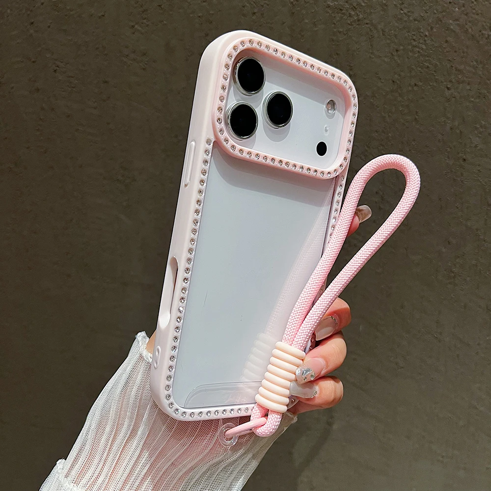 Luxury Diamond With Lanyard Transprent Phone Case For iPhone 11 12 13 14 15 16 17 Pro Max Air Shockproof Wrist Strap Cover view 2