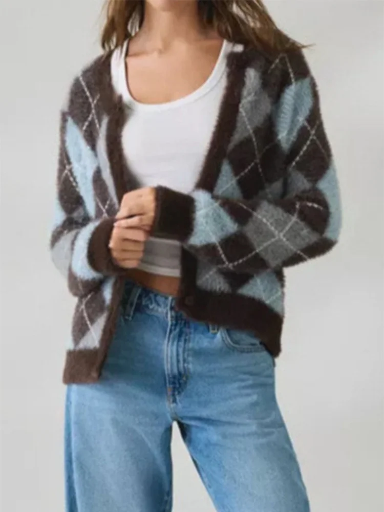 Autumn Winter Women Cozy Casual Daily Fluffy Argyle Check Button Up V Neck Long Sleeve Relaxed Fit Knit Cardigan Sweaters