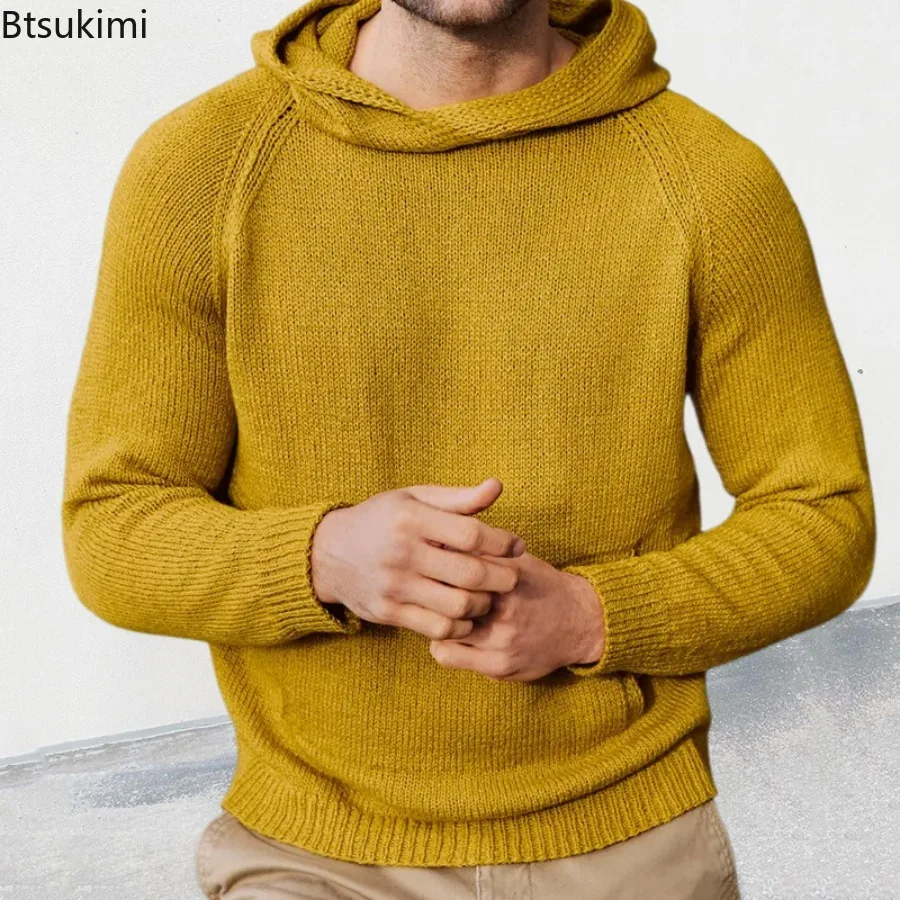 2024 Men's Solid Knitted Sweater Shirts Autumn Winter Long Sleeve Jumper Pullovers Men Clothing Hooded Knitted Sweater Tops Male