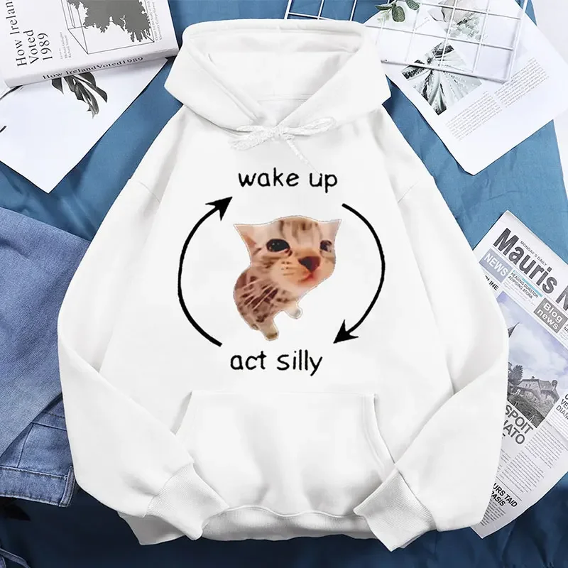 Wake Up Act Silly Meme Hoodies Funny Cute Cat Graphic Hoodies Sleeve Women Casual Popular Y2K Clothes Women\'s Sweatshirts