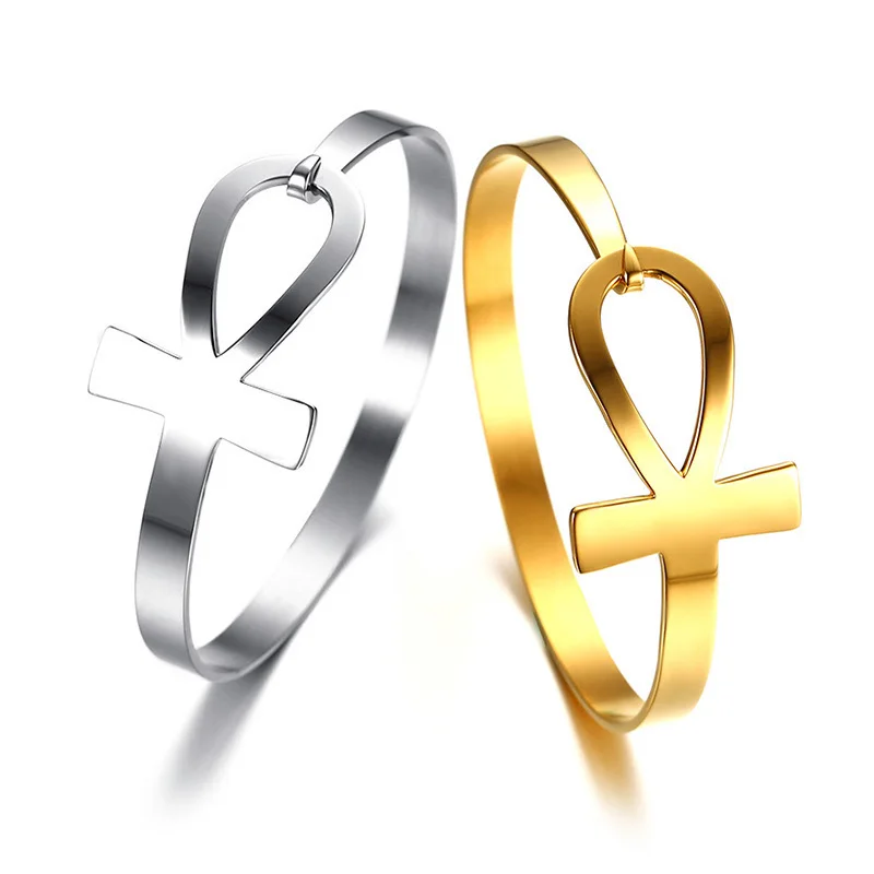 Vnox Ankh Cross Bracelet for Women Stainless Steel Key of Life Bangle Bracelet Female Egypt Religious Jewelry 2.3\
